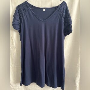 Womens summer top ruffle sleeve with lace V-neck loose fit T-Shirt Large